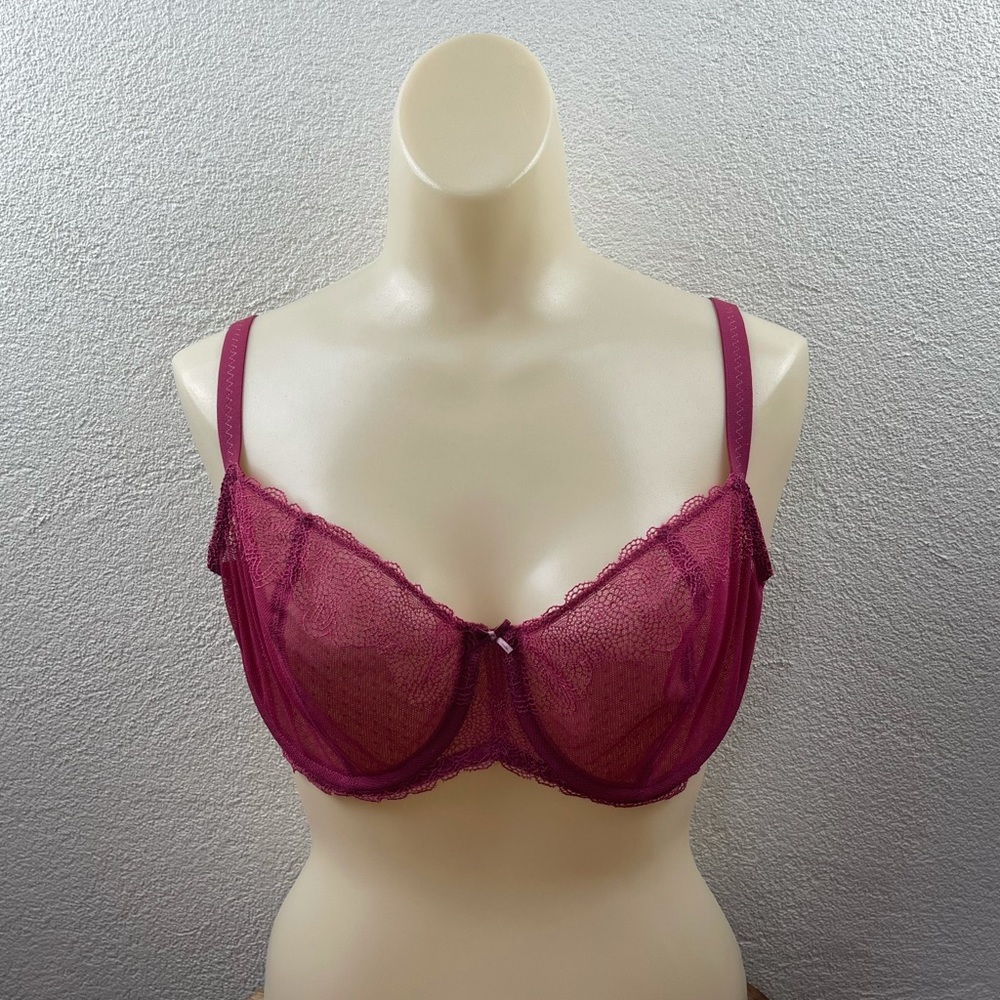 Chantelle l 36DD Feminine Fuschia Pink Sheer Floral Lace Swiss Dot Mesh Demi Bra
